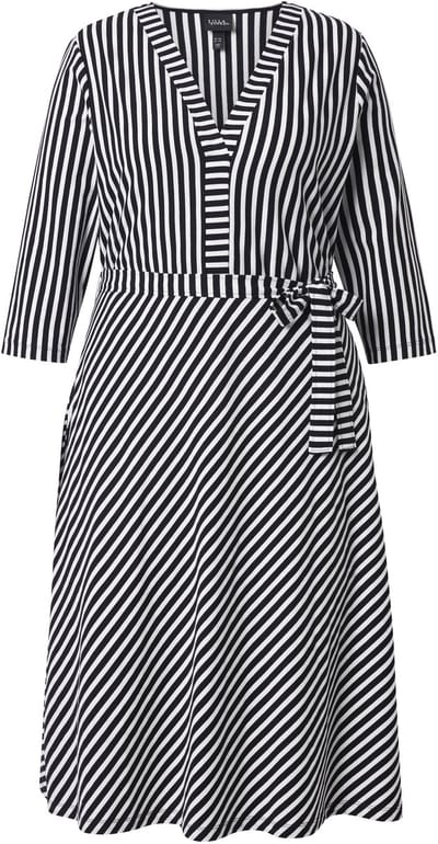 Ulla Popken - Dames - Midi-jurk strepen A-lijn V-hals 3/4-mouwen - Zwart - Maat 46+