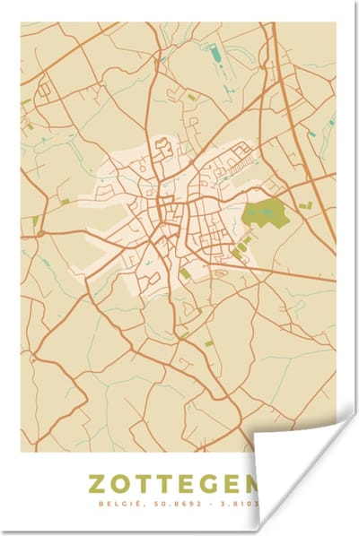 Poster Kaart - Retro - Plattegrond - Stadskaart - Zottegem - 120x180 cm XXL