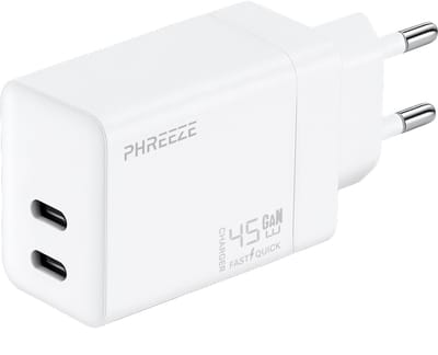 Usb C oplader 45w 2 poorten - Gan fast charger - Snellader - Wit - Phreeze