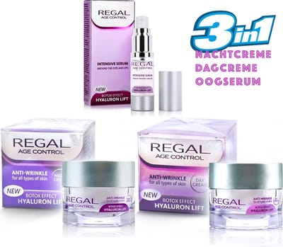 Regal Age Control Voordeelverpakking – Anti Rimpel Dagcrème + Nachtcrème + Oog/Lippen Serum – Botox Effect met Hyaluronzuur & Vitamine E – 105ml