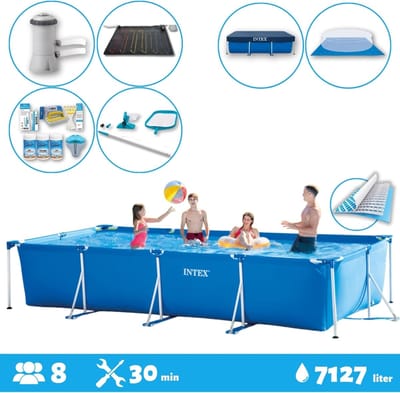 Intex Voordeelverpakking - Rechthoekig Frame Zwembad - 450 x 220 x 84 cm - Blauw - Inclusief Accessoires - Voor een heel seizoen