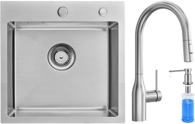 Auralum max Spoelbak RVS 45x45 cm - Spoelbakken Keuken Met Uittrekbare Uitloop Keukenkraan en Zeepdispenser 300ML - Wasbak Keuken Met Waterafvoersysteem - RVS