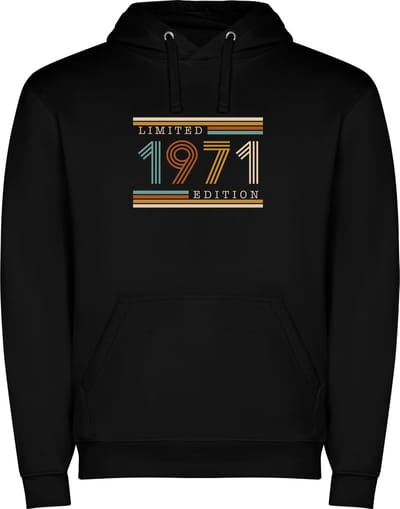 Zwarte unisex hoodie met “ Kleurrijke Limited Edition 1971 – Verjaardag – Leeftijd – Humor “ Print Full Color Color merk Roly maat S