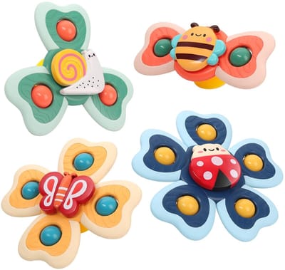 Crrynuo - Baby Zuignap Spinner Speelgoed - 4 Stuks - ABS en Voedselgrade Silicone - Insecten Ontwerpen - Geschikt voor 0-3 Jaar