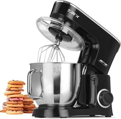 SnelShoppen - Professionele bakmixer, orbitale keukenrobot 2200 W, 6,5 l roestvrijstalen kom, 6 snelheden + pulsfunctie, planeetsysteem met spatbesche