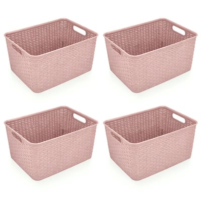 Opbergmand 18L Kunststof Set van 4 – Opbergbox Rattan Roze – Opbergmand Kinderkamer en Opbergmand Badkamer – Keukenkast en Kledingkast Organizer – Opbergdoos 38x28x19 cm