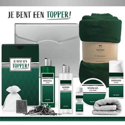 Geschenkset "Je bent een toppper!" - 8 Producten - 1375 Gram | Giftset voor hem - Luxe cadeaubox man - Wellness Pakket - Cadeau set - Bedankt Kanjer - Thank You - Man - Vriend - Collega - Coach - Leider - Leerkracht - Medewerker - Zorgwerker - Groen