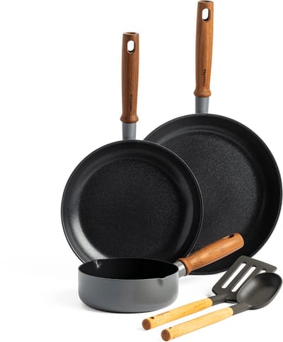 GreenPan Mayflower Pro keramische pannenset 5-delig - 16, 24 en 28 cm - inductie pannenset - inductie koekenpannenset - Koekenpan 20 cm - Koekenpan 24 cm - Steelpan 16 cm - 2 houten spatels - PFAS-vrij - grijs - houten handvat