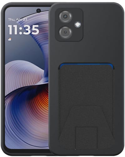 Geschikt voor Motorola Moto G55 Telefoonhoesje met Verstelbare Leren Pasjeshouder - Flexible Back Cover Case Siliconen TPU with Adjustable Leather Cardslot - Zwart - Smartphonica geschikt voor Motorola Moto G55