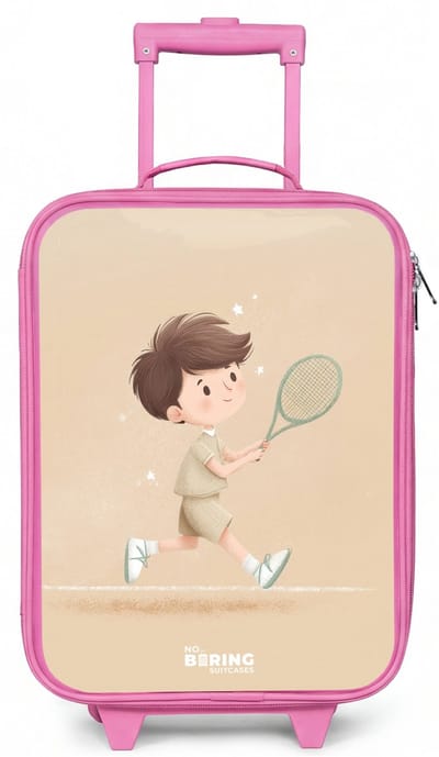 NoBoringSuitcases.com® - Kinderkoffer roze - Kindertrolley meisje - Jongen speelt tennis op zandkleurige achtergrond - Koffer kind lichtgewicht - Reiskoffer trolley voor kinderen - Koffertje met lichtgevende wieltjes - Rolkoffer