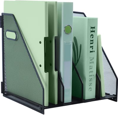 Tijdschriftenhouder voor bureau met 4 verticale compartimenten, A4-documentenhouder met handvat, duurzaam mesh-bureaubladenrek voor kantoor, school en thuis, zwart