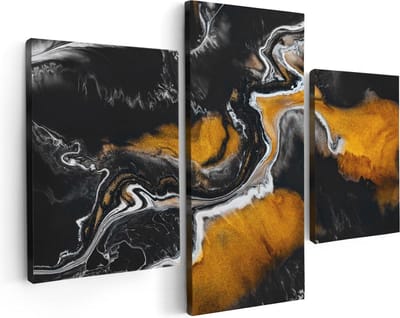 Artaza Canvas Schilderij Drieluik Abstracte Kunst van Zwarte Gouden Verf - 90x60 cm - Wanddecoratie Woonkamer - Schilderijen - Muurdecoratie