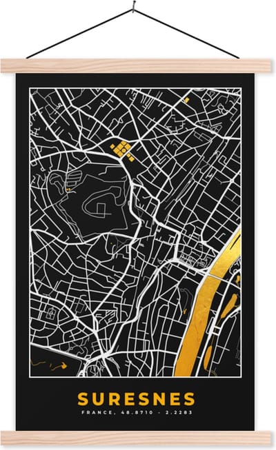 Posterhanger incl. Poster 40x60 cm - Schoolplaat - Frankrijk - Suresnes - Stadskaart - Kaart - Plattegrond - Textielposter - Blanke latten - Stadskaart