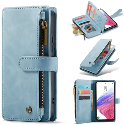 Casemania Hoesje Geschikt voor Samsung Galaxy Z Fold 4 - Aqua Blue - Luxe Portemonnee Book Case met Rits en Extra Vakken