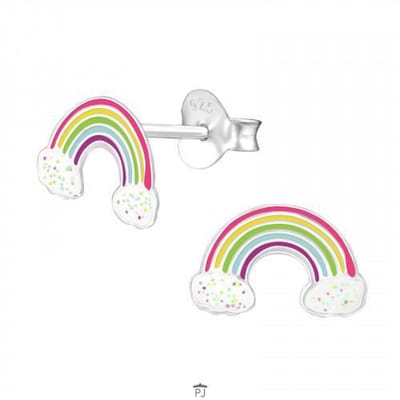 Zilveren oorstekers - kind - regenboog & wolkjes - glitters