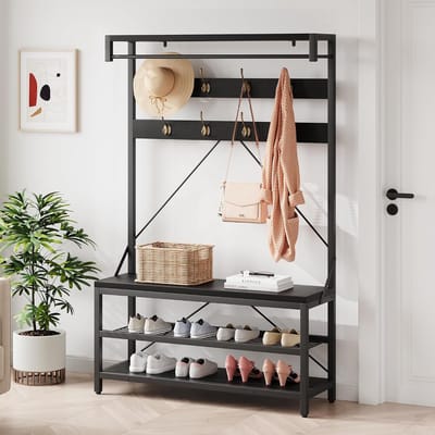 Kapstok staand, Industrieel halmeubel met bank - kapstokken met 9 haken & legplank, rustiek bruin/zwart, 101 x 40 x 182 cm - Zwart