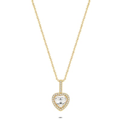Twice As Nice Halsketting in 18kt verguld zilver, hart vol steentjes 40cm+5cm