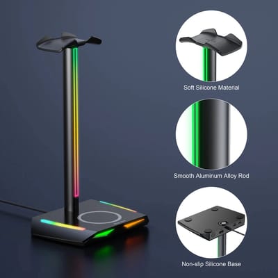 RGB Koptelefoonstandaard met Draadloze Oplader - Gaming Headset Houder met 3 USB poorten, Hoogwaardig Aluminium + TPU Materiaal, Gradient Verlichtingseffecten