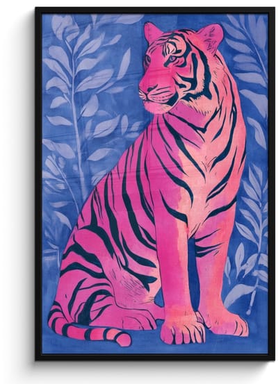Poster in lijst - Fotolijst 80x120 cm - Posters - Tijger - Roze - Bladeren - Jungle - Posterlijst zwart - Decoratie - Wanddecoratie woonkamer - Muurdecoratie slaapkamer