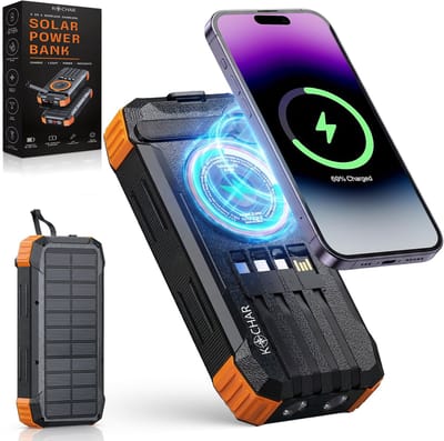 Kochar Solar Powerbank 20000 mAh - Powerbank Zonneenergie - Snellader 22.5W - Draadloos Laden 15W - Handcrank Opladen - Zaklamp - Laser - Kompas - 4 Ingebouwde Kabels - Powerbank voor Noodpakket - Oranje