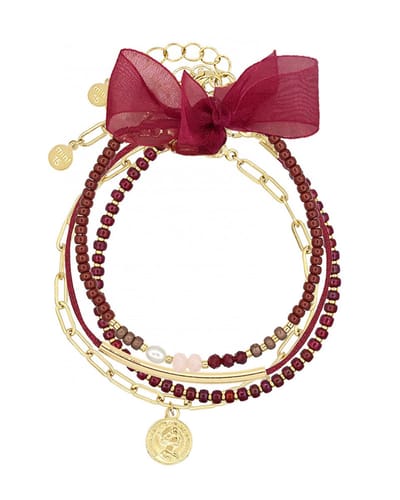 Mint15 Armbandenset 'Burgundy Chic' - Handgemaakte armbanden bordeaux / goudkleur - Stainless Steel RVS/Roestvrij staal - Samengestelde cadeauset met 4 armbanden