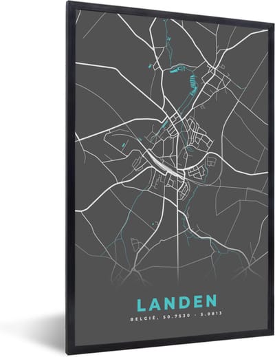 Fotolijst incl. Poster - Stadskaart – Grijs - Kaart – Landen – België – Plattegrond - 40x60 cm - Posterlijst