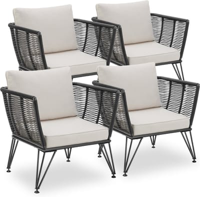 tectake® Loungestoelen Sundo - 4 Fauteuils voor Tuinset, Balkonset of Terras - Wicker Tuinstoelen Set in Rope-Design - Weerbestendig - Inclusief Kussens - Loungestoel Buiten - Loungeset Tuinmeubels