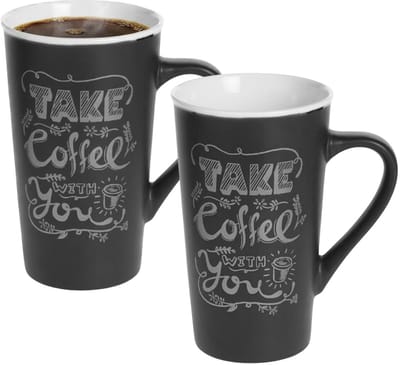 Secret de Gourmet hoge koffie mok / beker met oor - 2x - zwart - keramiek - 500 ml - koffie print - servies - warme dranken