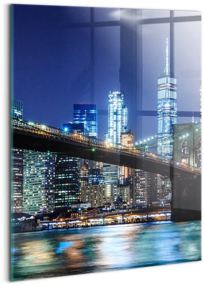 Wallfluent Glasschilderij - Brooklyn Bridge in New York 's nachts Glazen Schilderij - 60x80 cm - Marine Verticale Muurschildering - Steden Foto Glas - Schilderij Op Glas - Glas Schilderij
