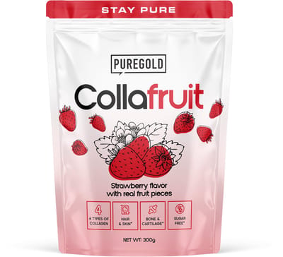 Pure Gold CollaFruit Rundercollageen Poeder – 300g – 25 Porties – 4 Types Collageen met Echte Vruchtstukjes, Vitamine C, A, Zink & Selenium – Aardbei