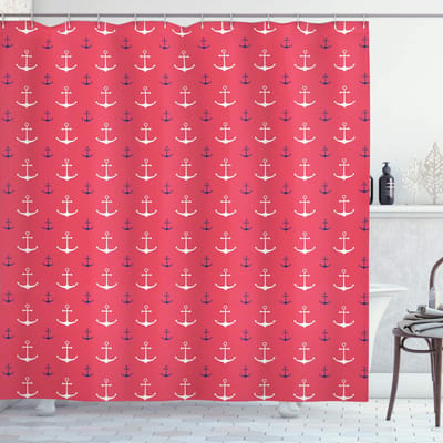 ABAKUHAUS Douchegordijn – Symmetrische nautische kunst – 175×240 cm – Donker koraal indigo wit