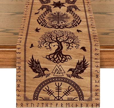 Mode Tafelloper, hout, Viking-levensboom, helm, tafeldecoratie voor het seizoen, interieur, vakantie, feest, decoratie, 40 x 140 cm