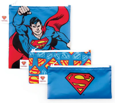 Bumkins Reusable Snack Bag Herbruikbare Snackzakjes (3 stuks) - DC Comics Superman - Waterdichte, Vlekbestendige Stof - Gladde Ritssluiting - 100% Polyester met TPU-Coating - Ook Geschikt als Organizer - Machine- en Vaatwasserbestendig