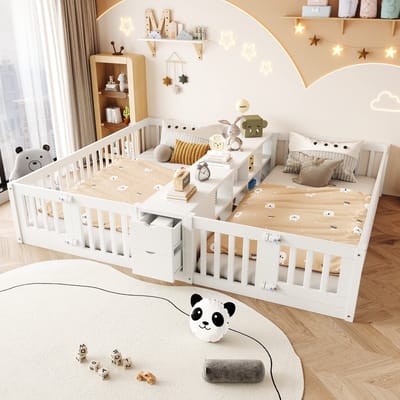 Sweiko Kinderbed - 90 x 200 cm *2 - Houten bed - 2 lades - Opbergrek - Veiligheidshek - Wit (Geen bodem)