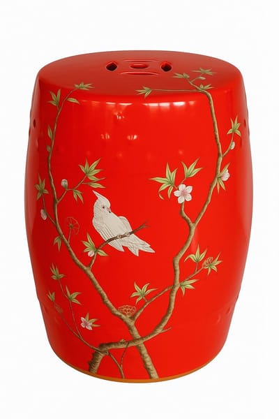 Fine Asianliving Keramische Kruk Rood Papegaai Handgemaakt - Kaelin D30xH45cm Keramiek Bijzettafel Porselein Stoel Tuinkruk
