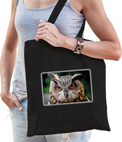 Dieren vogels tasje - katoen - met uilen foto - zwart - voor volwassenen - uilen