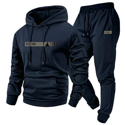 Donkerblauw fitness trainingspak heren hoodie en jogging broek sport pak met capuchon trekkoord elastische tailleband trainings set vrijetijds pak maat M