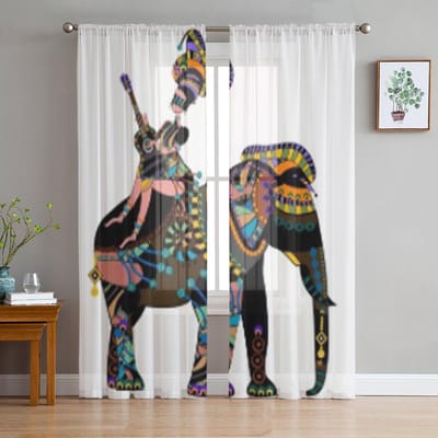 Vrouw zittend op de rug van een olifant in etnische stijl transparante gordijnen woonkamer tule raamgordijn slaapkamer keuken gordijnen 135W x 114H(cm) white