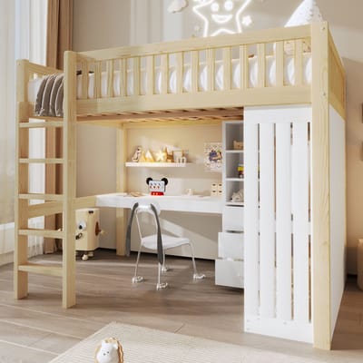 Wishdor Hoogslaper – 140x200 cm – Bureau, Kledingkast En 3 Lades – Inclusief Trap En Uitvalbeveiliging – Grenen en MDF – Naturel