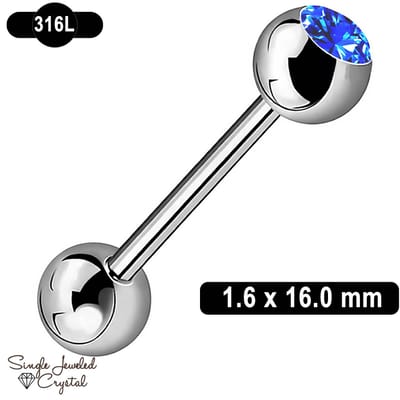 Tongpiercing 1.6 x 16 mm – 316L Chirurgisch Staal – Helder Blauw Steentje – Barbell Piercing