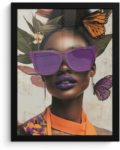 Poster in lijst - Fotolijst 30x40 cm - Posters - Vrouw - Zonnebril - Vlinder - Bloemen - Posterlijst zwart - Decoratie - Wanddecoratie woonkamer - Muurdecoratie slaapkamer