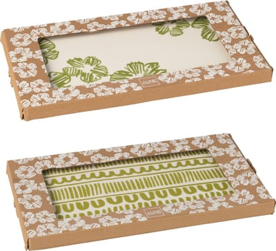 J-Line bord Bloemen/Strepen Rechthoek - keramiek - groen - 2 stuks
