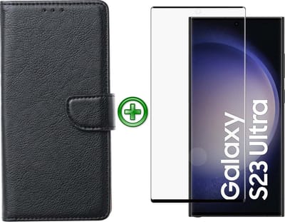 Samsung Galaxy S23 Ultra hoesje - Met Samsung S23 Ultra Screenprotector - Portemonnee Cover - Zwart
