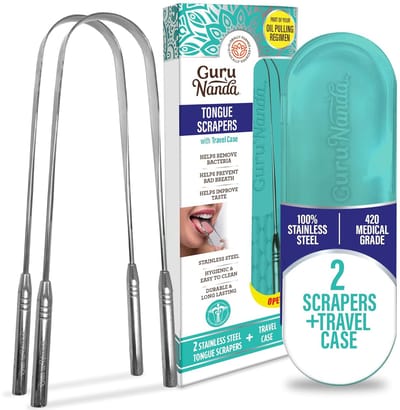 GuruNanda, U-Shape Tongschraper voor Volwassenen met Reisdoosje– 100% Roestvrijstaal – Voor Frisse Adem & Optimale Mondverzorging - 2-Pack
