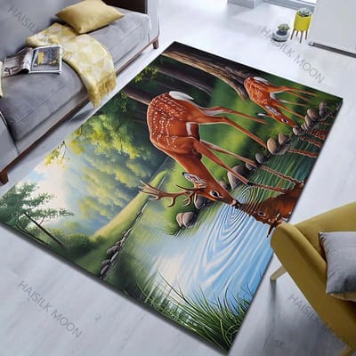 Ree drinkt water in het bos Print Tapijt voor Woonkamer Slaapkamer Bedzijde Bank Vloermat Moderne Huisdecoratie Groot Formaat 70x100cm (28x39in)