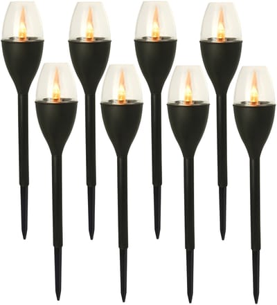 Gerimport Tuinlamp - 8x - solar - LED licht - kunststof - H37 cm - zwart - grondpin - vlam effect