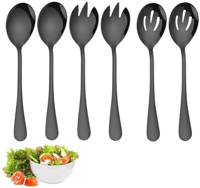 eenvoudige saladebesteksets: roestvrijstalen lepels, vorken, verdeellepels en zeefjes - zwart