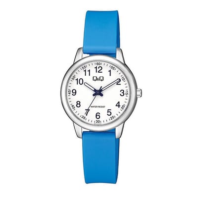 Q&Q QC15J304Y - Horloge - Analoog - Kinderen - Unisex - Plastic band - Rond - Cijfers - Metaal - Blauw - Zilverkleurig - Wit - 3 ATM
