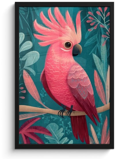 Poster in lijst - Fotolijst 40x60 cm - Posters - Kaketoe - Tropische bladeren - Tak - Posterlijst zwart - Decoratie - Wanddecoratie woonkamer - Muurdecoratie slaapkamer