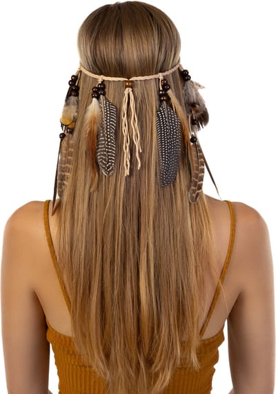 KIMU® Hoofdband Veren Bruin Beige - Ibiza Hippie Indiaan Haarband - Veertjes Kraaltjes Vlecht Leer Haar Bohemian Boho Chic Coachella Festival